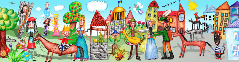 Bunte Märchenwelt mit Figuren der Brüder Grimm